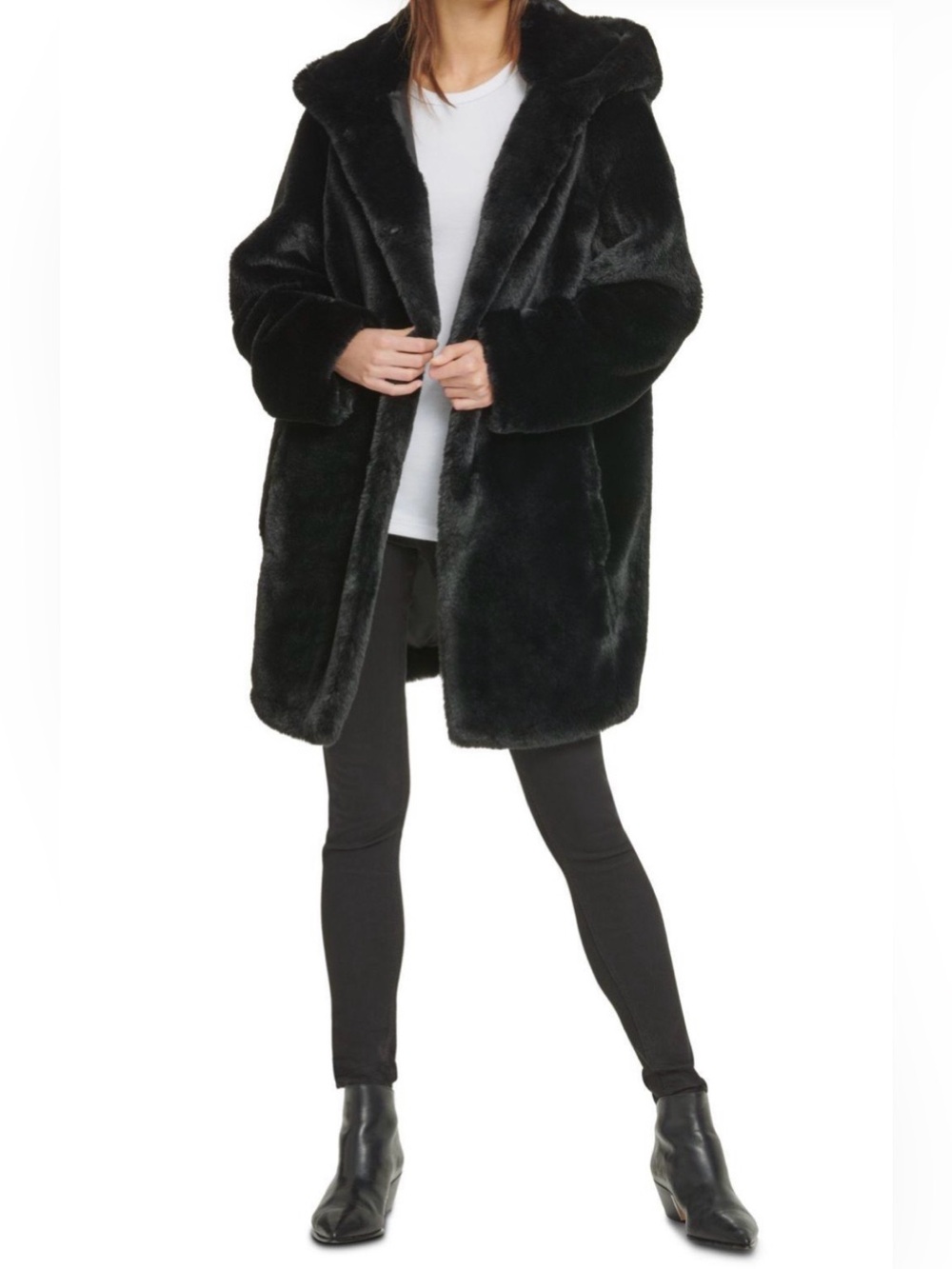 NWOT | DKNY New York | Black Ultra-Soft Plush Hooded Coat | Size XL